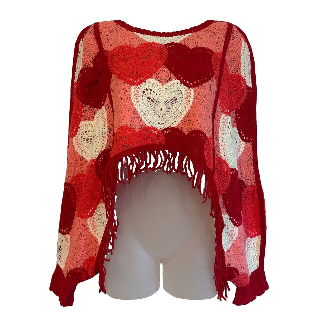 House of Harlow 1960 Sweater One Sz Hearts Crochet Cropped Fringe Balloon Sleeve